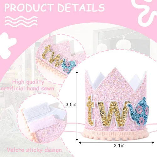 Vista 2 de WAUAO Decoraciones de fiesta de té de Alicia en el país de las maravillas – Corona/sombrero de cumpleaños, traje rosa para niña de segundo cumpleaños