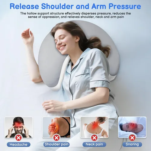 Vista 10 de Almohada para dormir de lado con agujeros para los brazos, almohada de espuma viscoelástica ergonómica para alivio del dolor cervical, cuello Gris