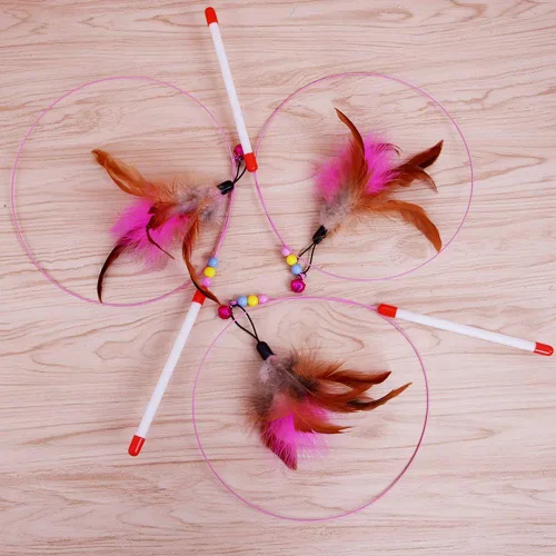 Vista 6 de MAIYU Juguete de varita de plumas para gatos, paquete de 3 unidades de alambre de acero, entrenamiento interactivo para gatos, campanas de cuentas