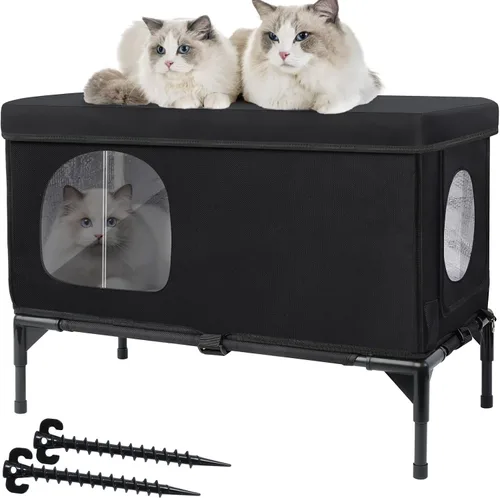 Vista 10 de Casa para gatos al aire libre, resistente a la intemperie, aislada, para gatos con cojín acogedor, refugio elevado para gatos al aire libre