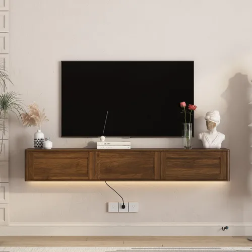 Vista 29 de Soporte flotante para TV montado en la pared con 20 LED de color, soporte de TV moderno de 63 pulgadas, gabinete de TV flotante centro