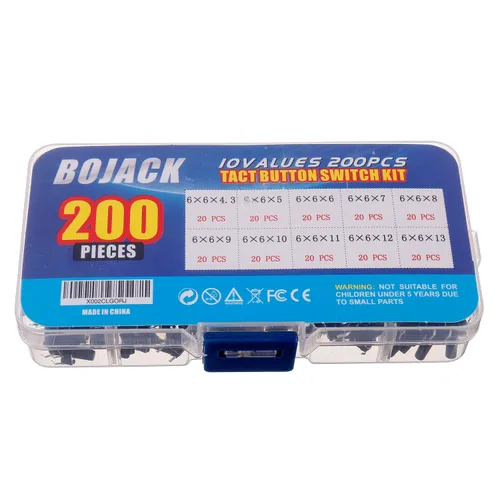 Vista 3 de BOJACK 10 Valores 200 Unids 0.236x0.236 in Interruptores de Botón Táctil 4 Pin Momentario Pulsador Interruptor Surtido Kit