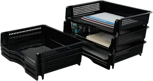 Vista 2 de Bandeja de almacenamiento de papel apilable de plástico, bandeja apilable de oficina, negro, paquete de 6