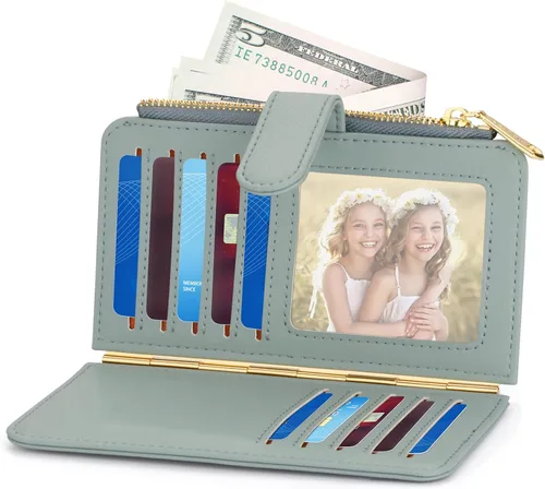 Vista 2 de PERFECB - Cartera para mujer con bloqueo RFID delgada plegable para tarjetas de crédito simple con cremallera azul Fog Blue Tarjetero Wellet