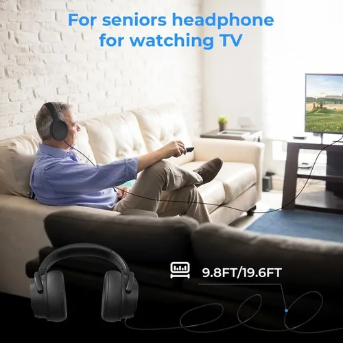 Vista 4 de Auriculares con cable extralargos para TV y PC para ver televisión para personas mayores con control de volumen, auriculares con cable de longitud