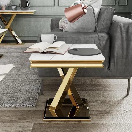 Vista 4 de Juego de 2 mesas auxiliares doradas, mesa auxiliar cuadrada blanca moderna con base en X de metal pulido dorado, elegante mesa decorativa