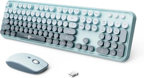 Vista 13 de Combo de teclado y ratón inalámbricos, teclado de máquina de escribir inalámbrico de tamaño completo de 2.4 GHz con teclas redondas para Windows