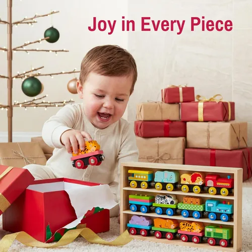 Vista 7 de Montessori - Juego de juguetes de tren de madera para niños, 12 vagones magnéticos de tren con caja de regalo de almacenamiento, juguete educativo