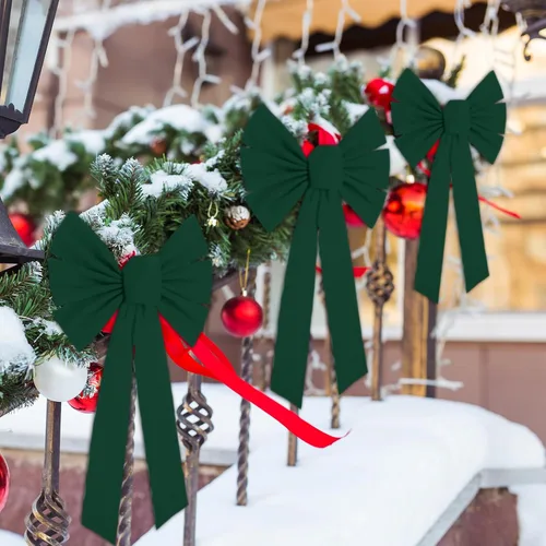 Vista 3 de Hoteam 24 Piezas Lazos Grandes de Terciopelo Rojo de Navidad 10 x 16 Pulgadas Lazo Verde Colgante para Corona de Navidad Lazo Superior para Árbol