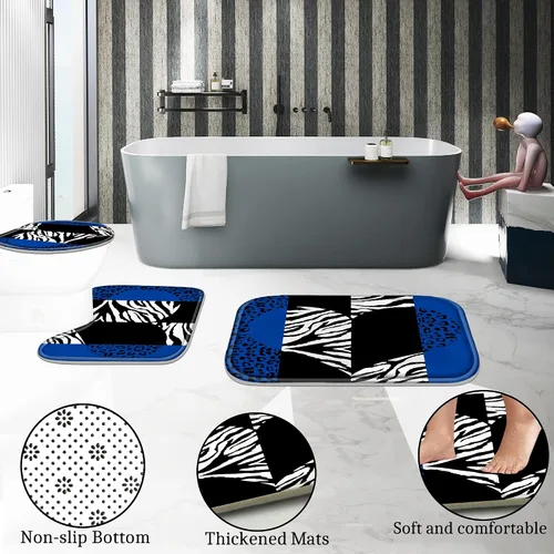 Vista 4 de Poedist - Juego de cortinas de ducha para baño, 4 piezas, diseño de leopardo azul brillante, incluye cortinas de ducha y tapetes para baño