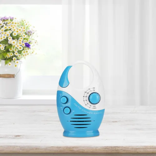 Vista 2 de Radio portátil AM FM, radio de ducha con altavoz integrado, diseño tipo gancho para baño, camping, uso doméstico, material plástico ABS