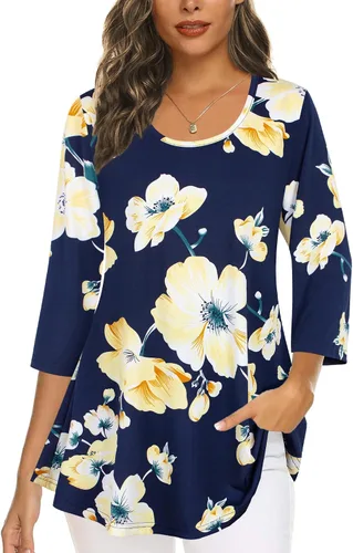Vista 11 de Tencole Camisas de manga 3/4 para mujer Blusas tipo túnica elegantes Ropa casual con floral Aguamarina Beige