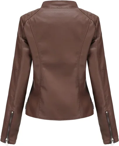 Vista 2 de DEAR MODEL Chaqueta de cuero sintético para mujer, chaqueta de motocicleta con cinturón para mujer, Marrón