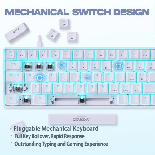 Vista 2 de abucow Teclado mecánico 65% para juegos, interruptor negro, teclado compacto con cable con luz de fondo azul, teclas blancas intercambiables