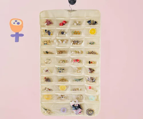 Vista 7 de Bloss Organizador colgante de joyas con 80 bolsillos, colgador de joyas de doble cara para almacenamiento de joyas y aretes, organizadores de joyas