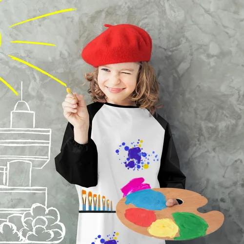 Vista 4 de Batas artísticas para niños, delantal de pintura con manga y 3 bolsillos, juego de 2 unidades, color negro y blanco