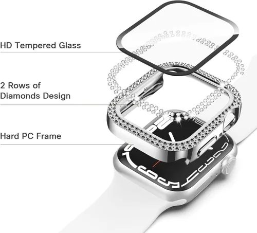 Vista 2 de Funda de dispositivo electrónico portátil para Apple Watch Series 9, 8, 7, 1.614 in, funda plateada brillante con diamantes de imitación de cristal