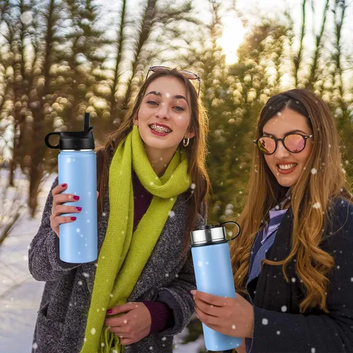Vista 2 de S AFSTAR Botella de agua de acero inoxidable de 22 onzas, doble pared aislada al vacío, botella de agua deportiva con tapa y popote abatible Azul