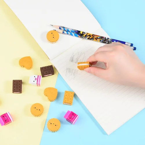 Vista 6 de Borradores de galletas para niños, 12 piezas 3D lindo rompecabezas de comida, mini borrador de galletas, divertido borrador de escritorio