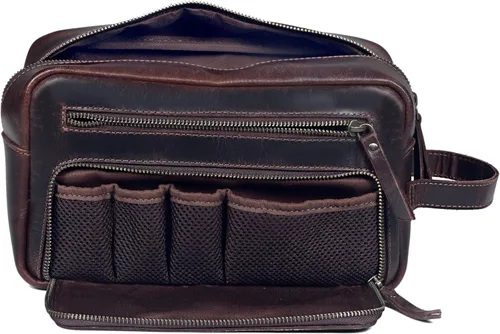 Vista 5 de Neceser de cuero para mujer, bolsa de cosméticos, kit Dopp, marrón oscuro, 10 x 4 x 5.5 pulgadas, vintage prémium