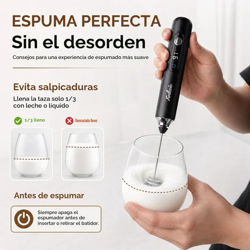 Vista 7 de Varita espumadora de leche recargable de mano con 3 cabezales Negro-De Mano