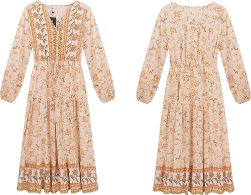 Vista 6 de R.Vivimos Vestido midi de algodón de manga larga con cuello en V y botones para mujer, estampado floral, estilo bohemio