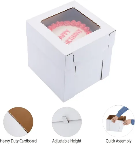 Vista 3 de Cajas altas para tartas para pasteles escalonados, 8x8x8 pulgadas [12 unidades] Caja de pastel gruesa y resistente con ventana, portador de pastel