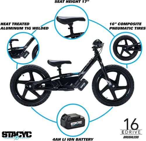 Vista 3 de STACYC Bicicleta de equilibrio eléctrica sin escobillas 16eDRIVE para niños de 5 a 7 años de edad