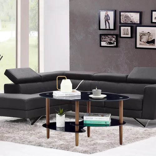 Vista 7 de Mesa de centro de cristal, mesa de centro ovalada en sala de estar con patas de madera de roble y vidrio de 2 niveles (transparente), mesa de té