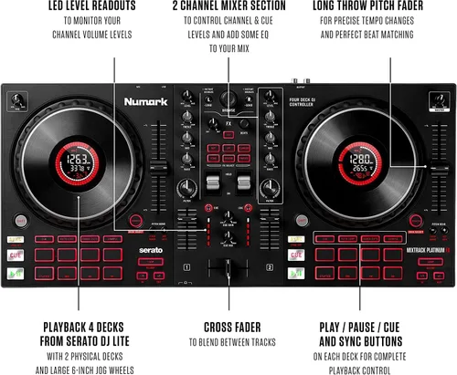 Vista 3 de Paquete de Controlador de DJ - Set de DJ con 4 Decks, Mezclador de DJ, Interfaz de Audio, Pantallas de Rueda Jog, FX y Auriculares de DJ - Numark