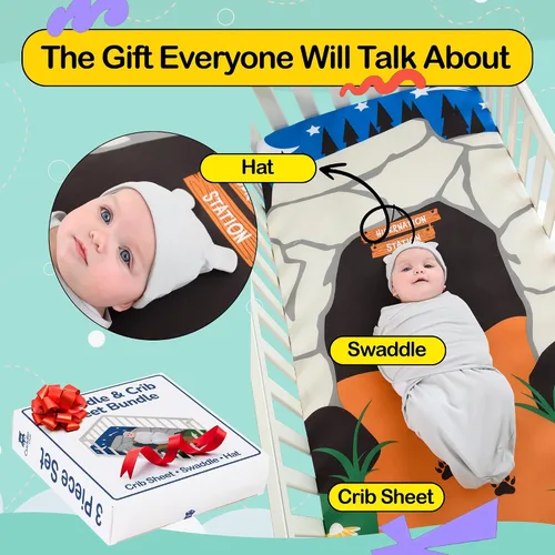 Vista 3 de Cuddle Club Juego de regalo para recién nacido, incluye manta para envolver, sombrero y sábana para cuna en estilos divertidos, para bebés niños