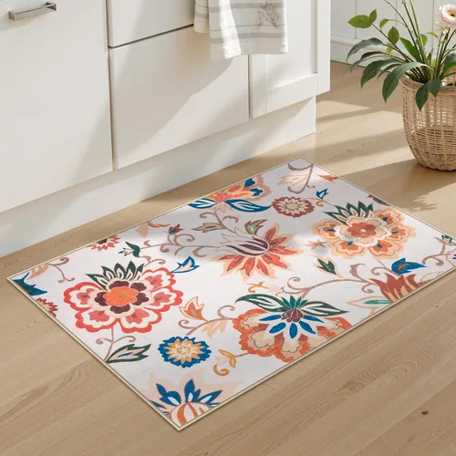 Vista 2 de Beeiva Alfombras florales de entrada, lavables para interiores, ultra fina, de 2 x 3 pies, antideslizante, para cocina, tapete de cachemira suave