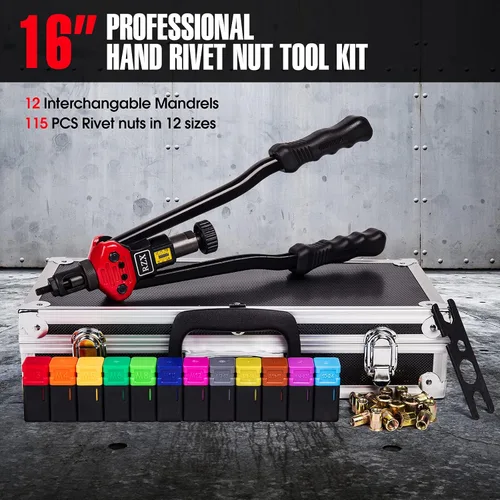 Vista 2 de RZX Kit de herramientas de tuerca de remache de 16 pulgadas que ahorra mano de obra, fijador de tuerca remachable de doble palanca con 12 mandriles