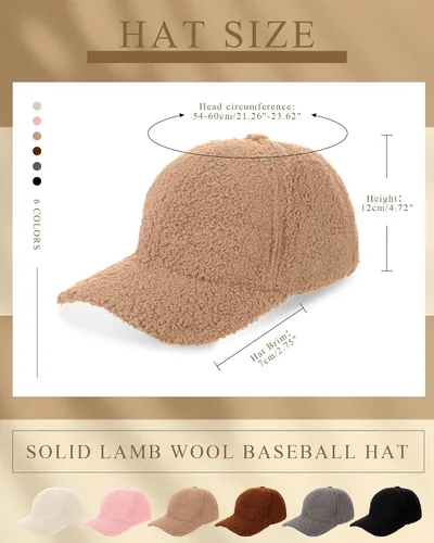 Vista 6 de 6 gorras de béisbol de invierno cálidas de felpa de lana de cordero sintética mullida, gorro mullido para mujeres y hombres, viajes al aire libre