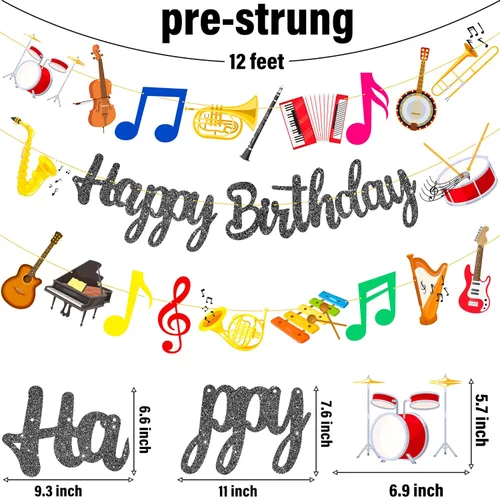 Vista 5 de Cartel de fiesta de cumpleaños con purpurina negra para instrumentos musicales, guirnalda de instrumentos musicales para tema de músico, suministros