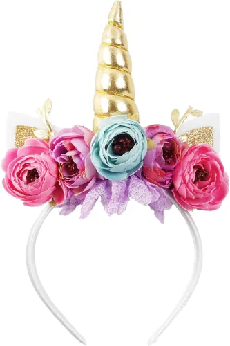 Vista 10 de Nishine Diadema de cuerno de unicornio con purpurina para niñas, diadema de camelia pony, banda para el pelo de flores, tiara para fiesta, regalo