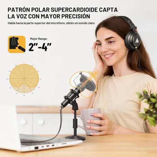Vista 5 de MAONO HD300T USB/XLR Micrófono dinámico Podcast para PC y interfaz de audio Studio Mic with Volume Control, Headphones Jack, Shock Mount, Pop