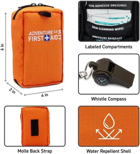 Vista 7 de Kit de primeros auxilios ultraligero, pequeño, repelente al agua - Camping y aire libre 71 piezas, Adventure 3.0 Essentials Kit, para camping