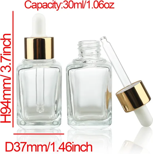 Vista 2 de COSIDEA 6pcs vacías 1.0 fl oz 1 OZ Clear Sqaure botellas cuentagotas de vidrio con tapa dorada para contenedor de viaje de suero