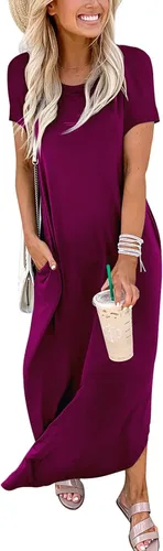 Vista 2 de ANRABESS Vestido Maxi de Verano para Mujer de Manga Corta, Vestido Casual, Largo, Suelto, de T-Shirt, con Corte Vacacional de Playa, Vestido de Sol