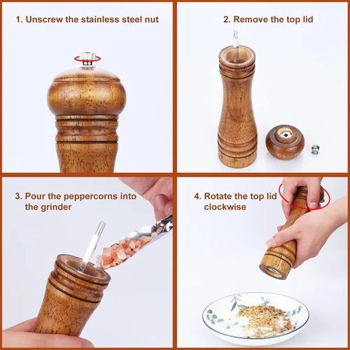 Vista 4 de Gulex® Molinillo de pimienta de madera, grosor ajustable, molinillo de pimienta de madera de 8 pulgadas, mecanismo de molienda de cerámica, molino