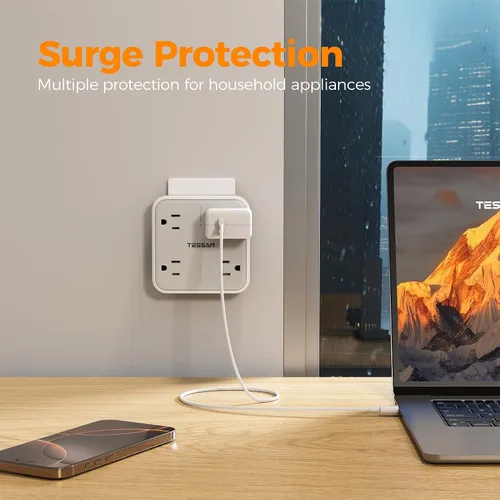 Vista 3 de TESSAN - Extensor de salida con protector de sobretensiones, adaptador de enchufe múltiple con divisor de 4 salidas y 3 USB (1 USB C), expansor