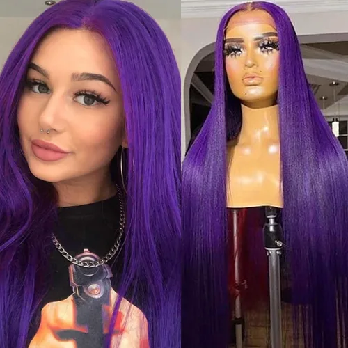Vista 17 de Pelucas de encaje frontal color azul con encaje frontal, peluca para usar y llevar, sin pegamento, pelucas de cabello largo y lacio, pelucas
