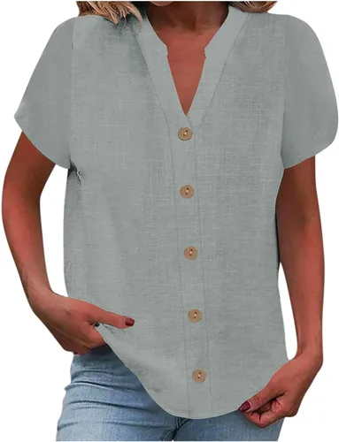 Vista 27 de Camisetas de verano para mujer, de manga corta, pétalos, de lino, con bolsillo, casual, con botones, blusas básicas