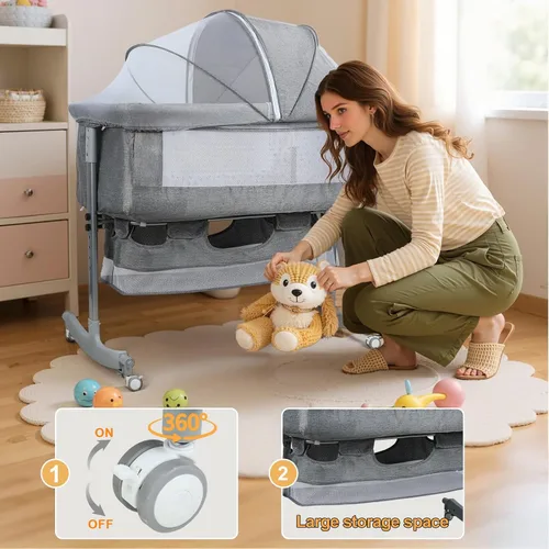 Vista 5 de Moisés 3 en 1 para bebé, cuna portátil ajustable con ruedas Gris