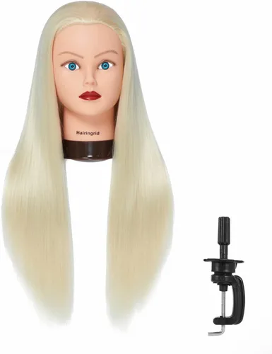 Vista 9 de Hairingrid Cabeza de maniquí de 26 a 28 pulgadas, para entrenamiento de peinado, cosmetología, cabeza de muñeca, pelo de fibra sintética y soporte
