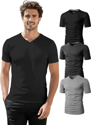 Vista 42 de H2H Camisetas para hombre - Pack de varias unidades, diseño simple, manga corta, ajuste delgado, mezcla de algodón (cuello en V/cuello redondo)