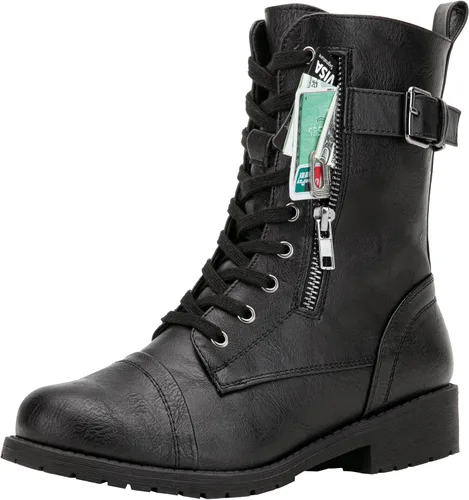 Vista 12 de Vepose Botas de combate para mujer, tacón bajo, botas militares a media pantorrilla con bolsillo para tarjetero, cuchillo y cartera