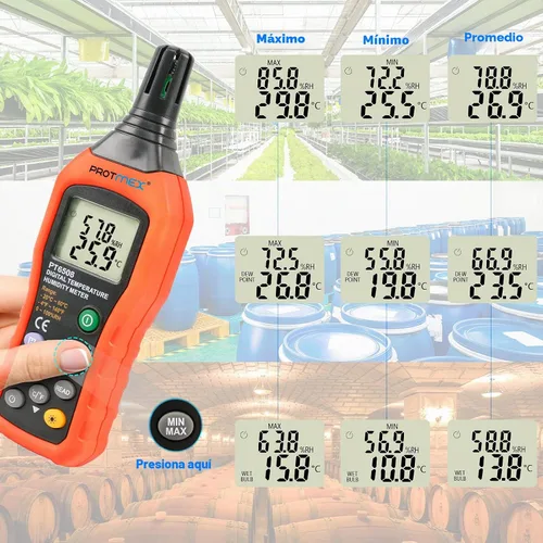 Vista 6 de Protmex Medidor digital de humedad de temperatura, termómetro higrómetro con punto de rocío ambiental y temperatura de bombilla húmeda