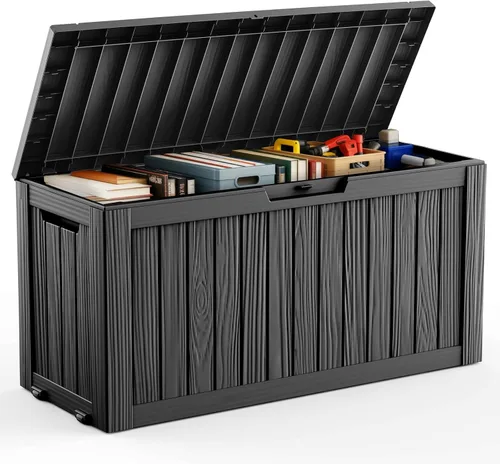 Vista 35 de DRATO Caja de almacenamiento para cubierta de 31 galones, caja de almacenamiento para exteriores para cojines de patio, herramientas de jardín, caja